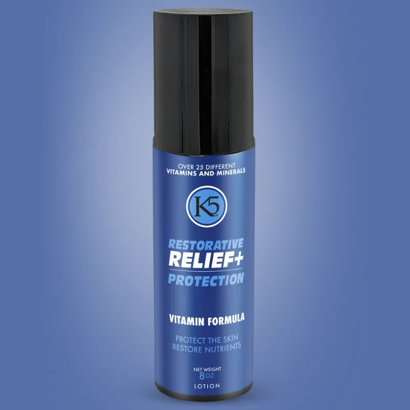 K5 Restorative Relief+ Protection lotion bottle on a blue background