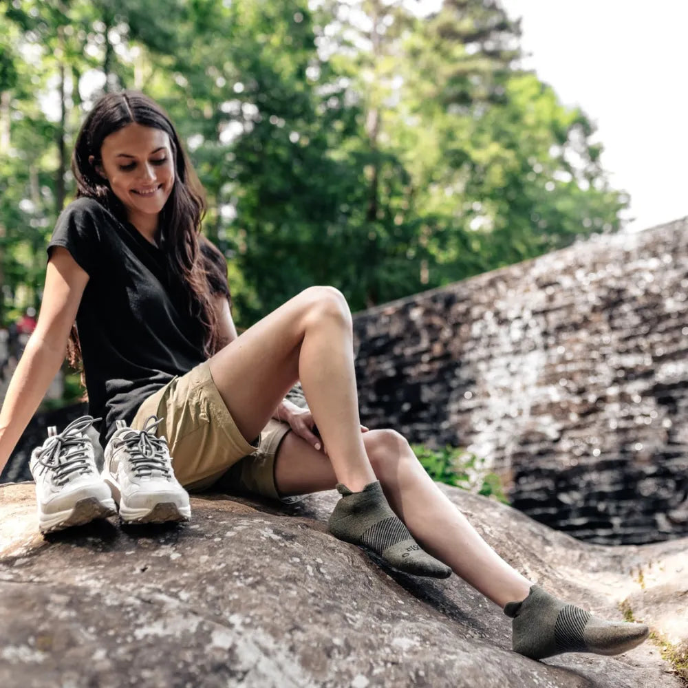 woman wearing no show hunter green wicked comfort merino wool socks | OS1st