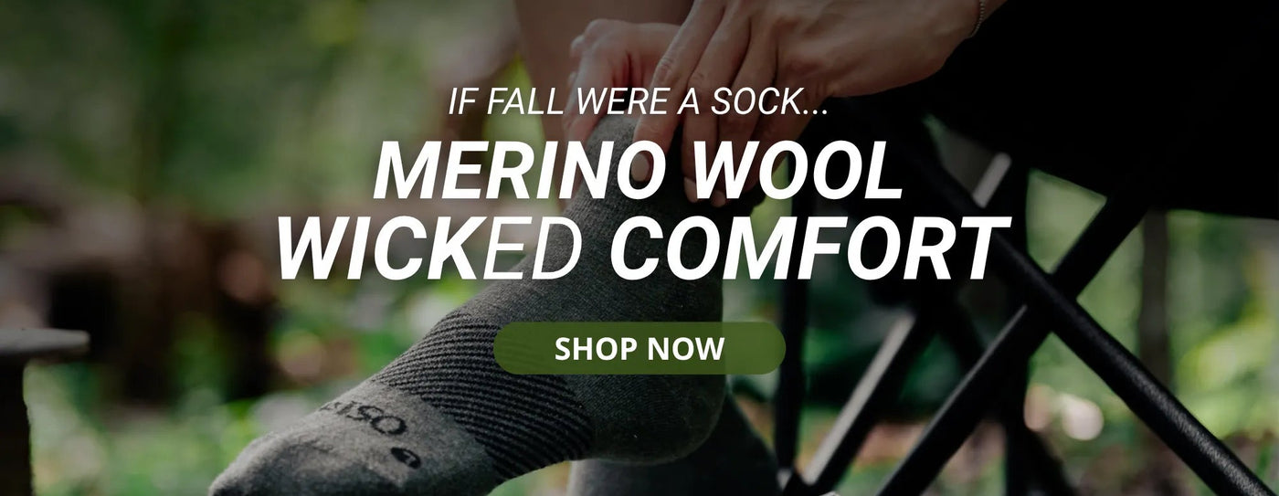 person wearing hunter green wicked comfort merino wool socks - great for hiking, camping, outdoors, walking, running | OS1st