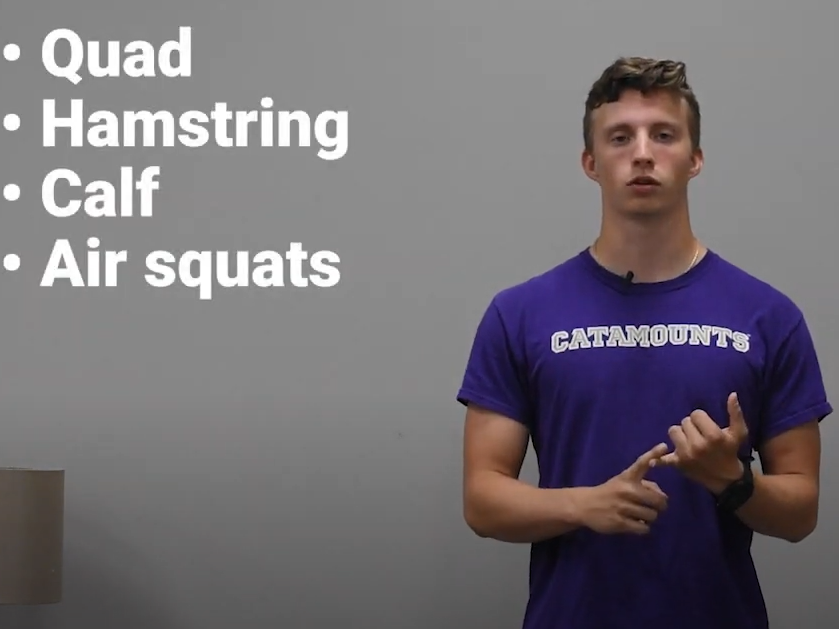 Man pictured with the words quad, hamstring, calf, and air squats. 