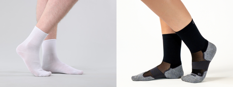 one person wearing cotton socks, another wearing os1st performance socks | OS1st