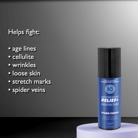The K5 Restorative Relief+ cream helps fight age lines, wrinkles, cellulite, loose skin, stretch marks and spider veins