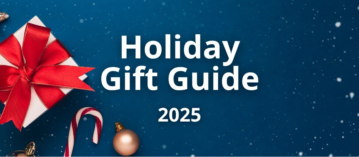 Holiday gift guide 2025 with a present, candy cane, and ornament on a blue background.
