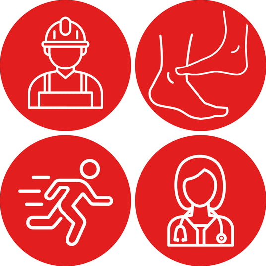 Four icons on red circles: construction worker, foot, person running, and doctor.